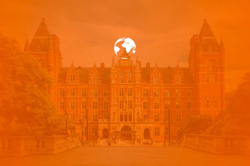 An orange wash of the RCM's Blomfield building with a white globe graphic over it